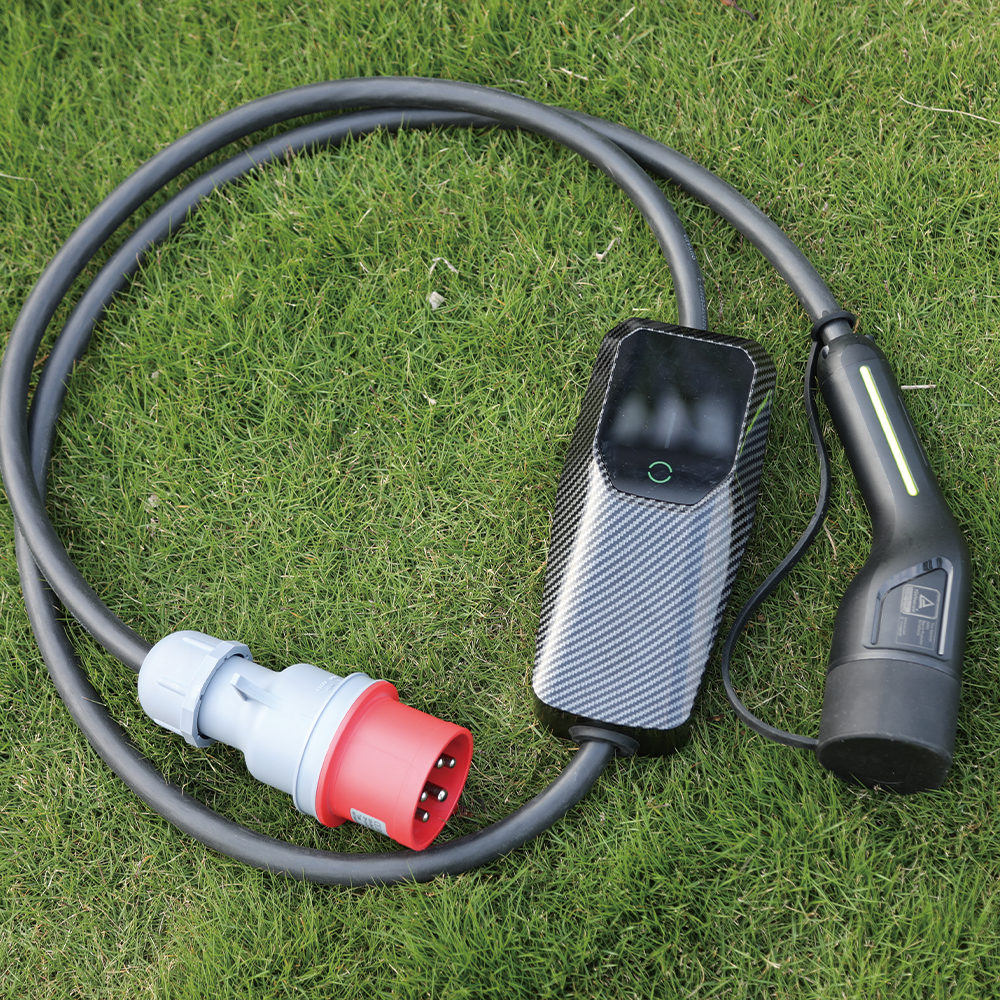 Portable Type 2 EV charger with a blue CEE input plug
