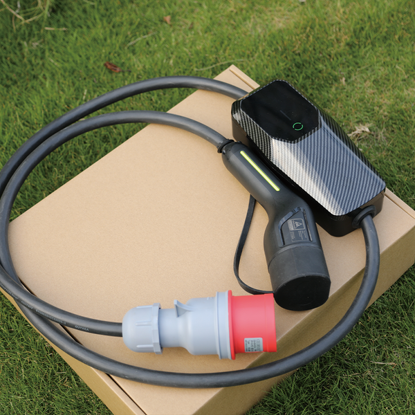 Portable Type 2 EV charger with a red three-phase CEE input plug