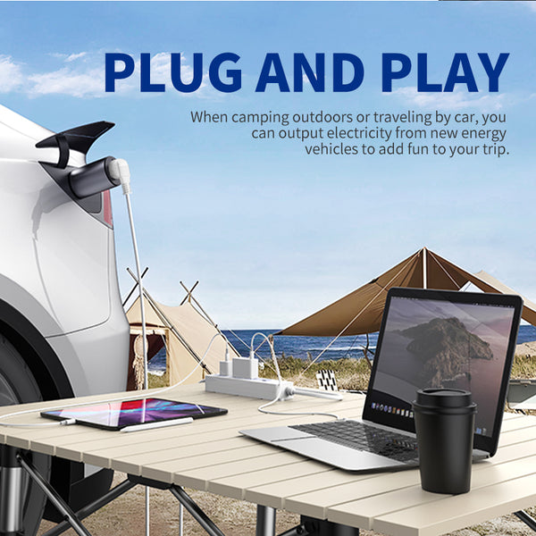 V2L adapter powering outdoor equipment from a compatible vehicle